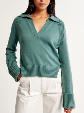 A&F Seafoam Green Polo‑Collar V‑Neck Sweater